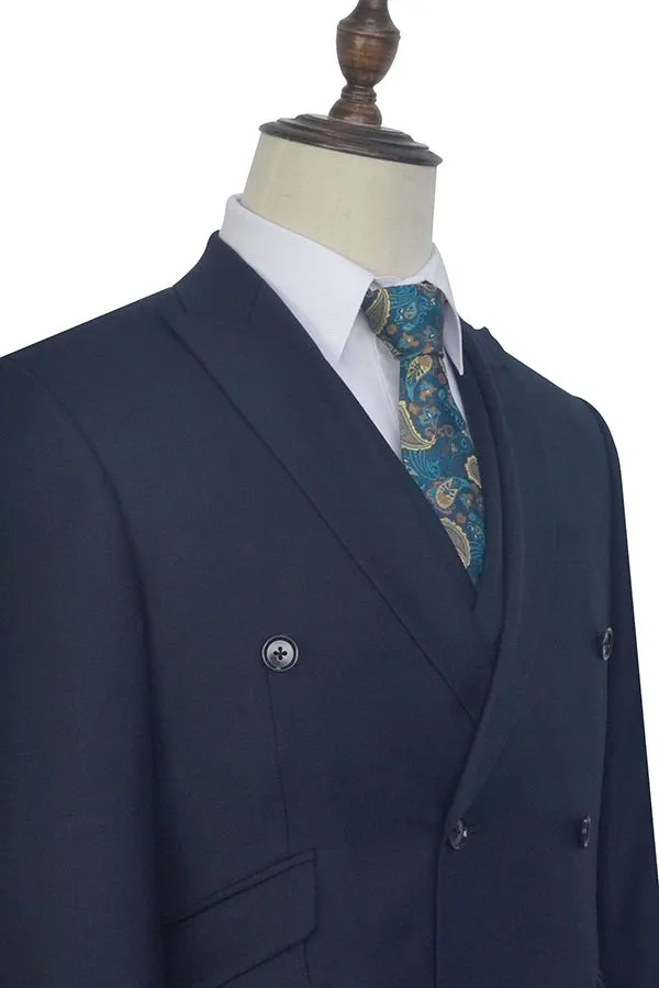 Peak Lapel Double Breasted Business Mens Suits for Formal Three Piece Dark Navy Suits for Men