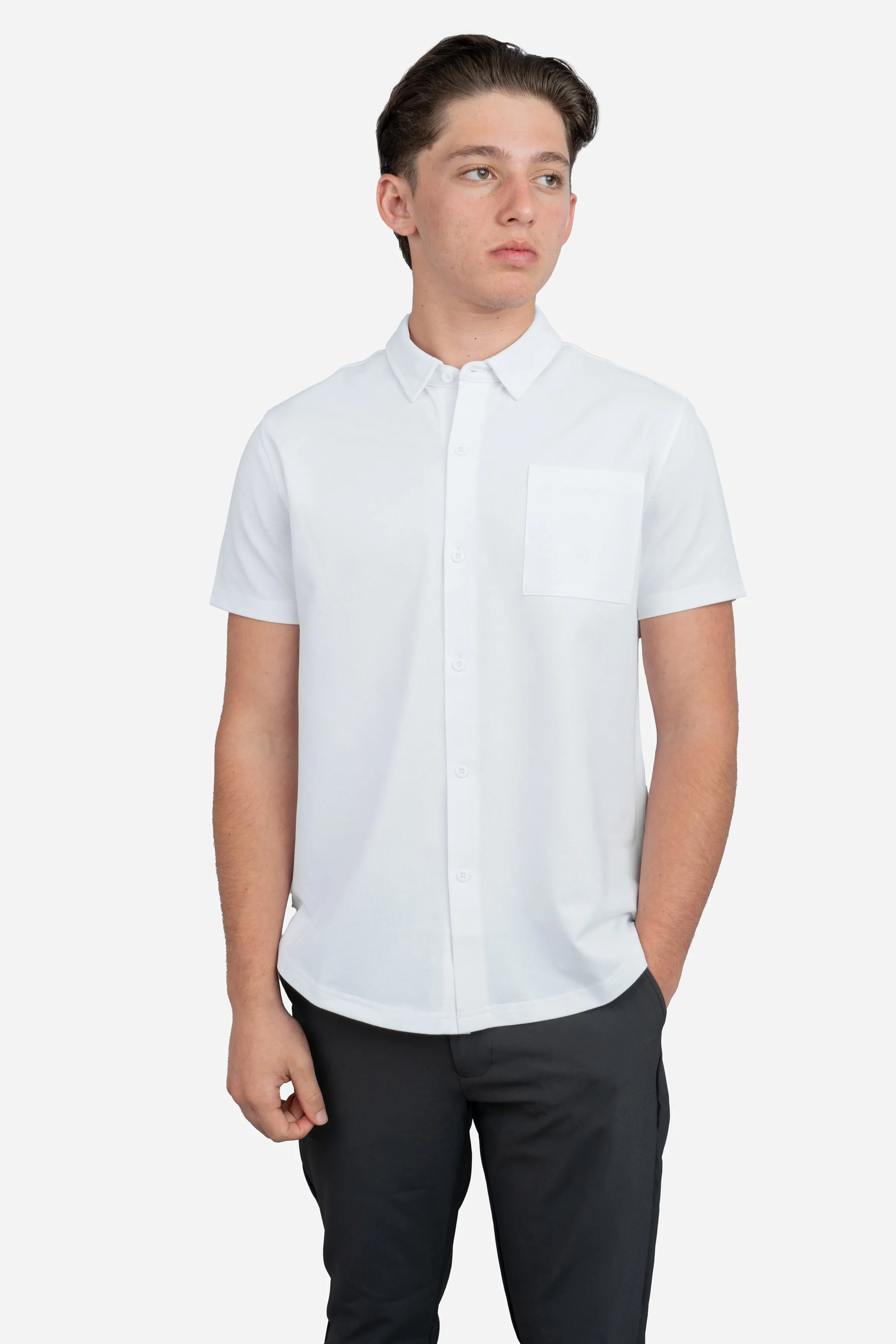 Performance Pique Short Sleeve Button Down Shirt White