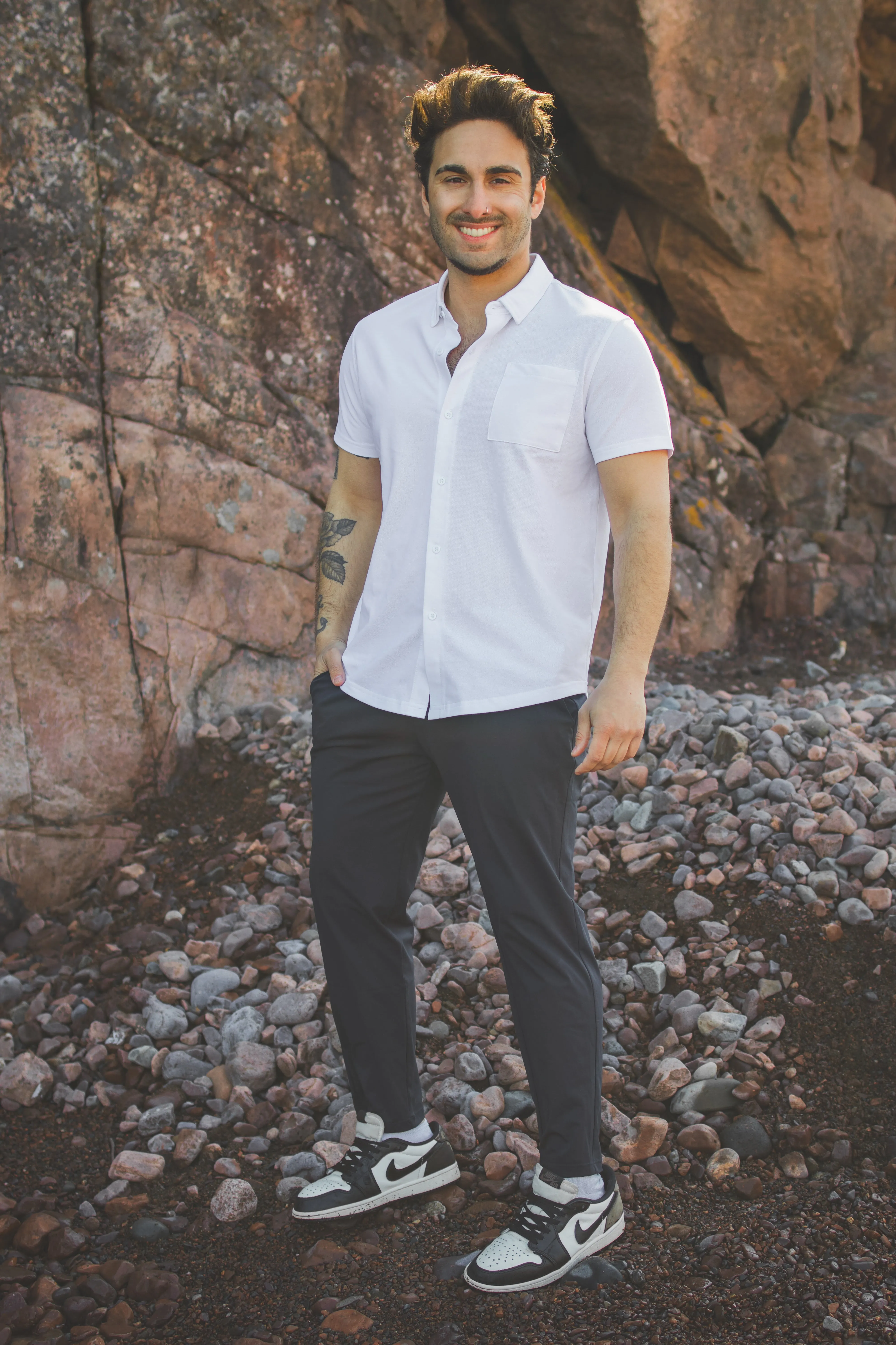 Performance Pique Short Sleeve Button Down Shirt White