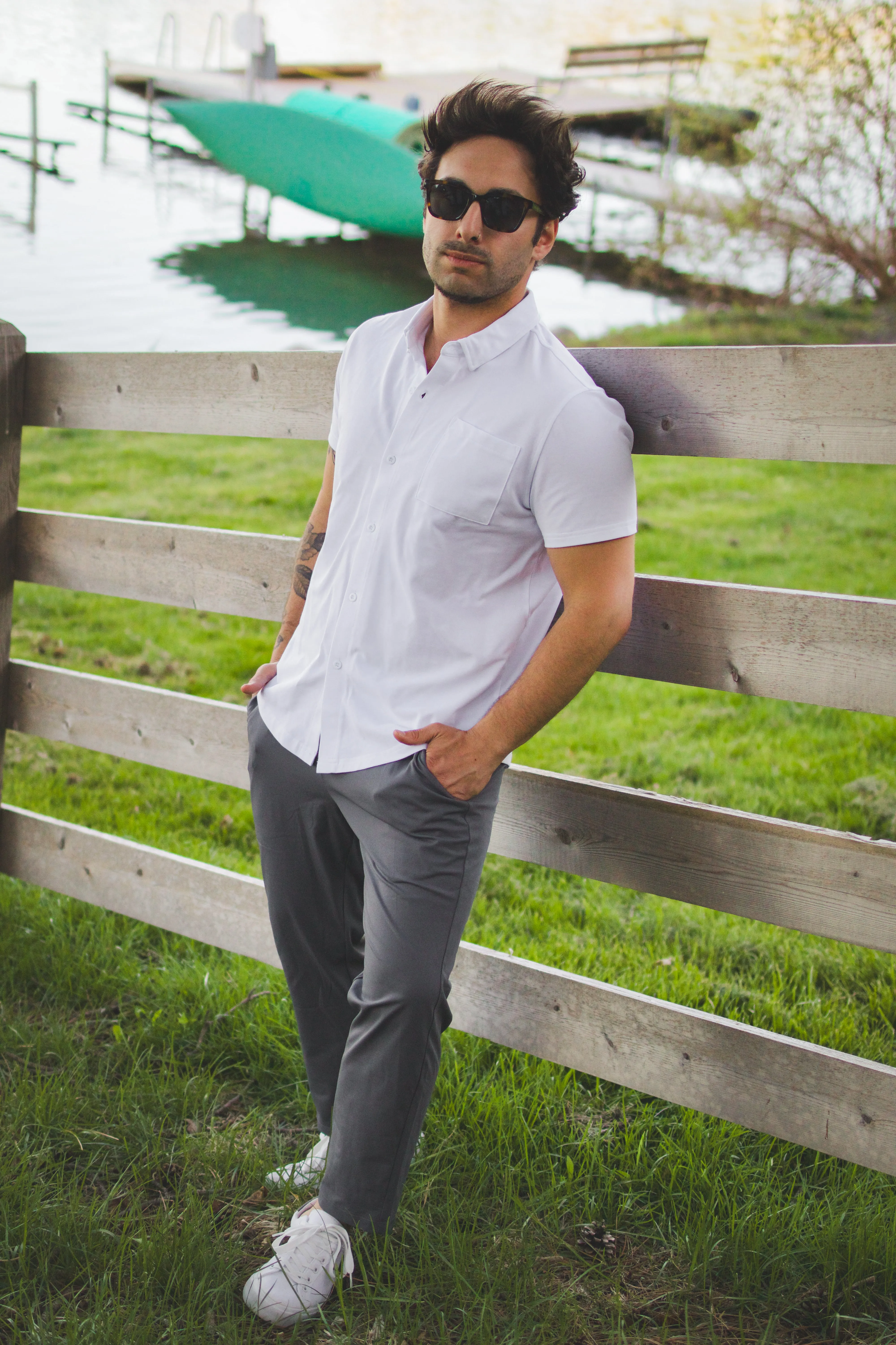Performance Pique Short Sleeve Button Down Shirt White