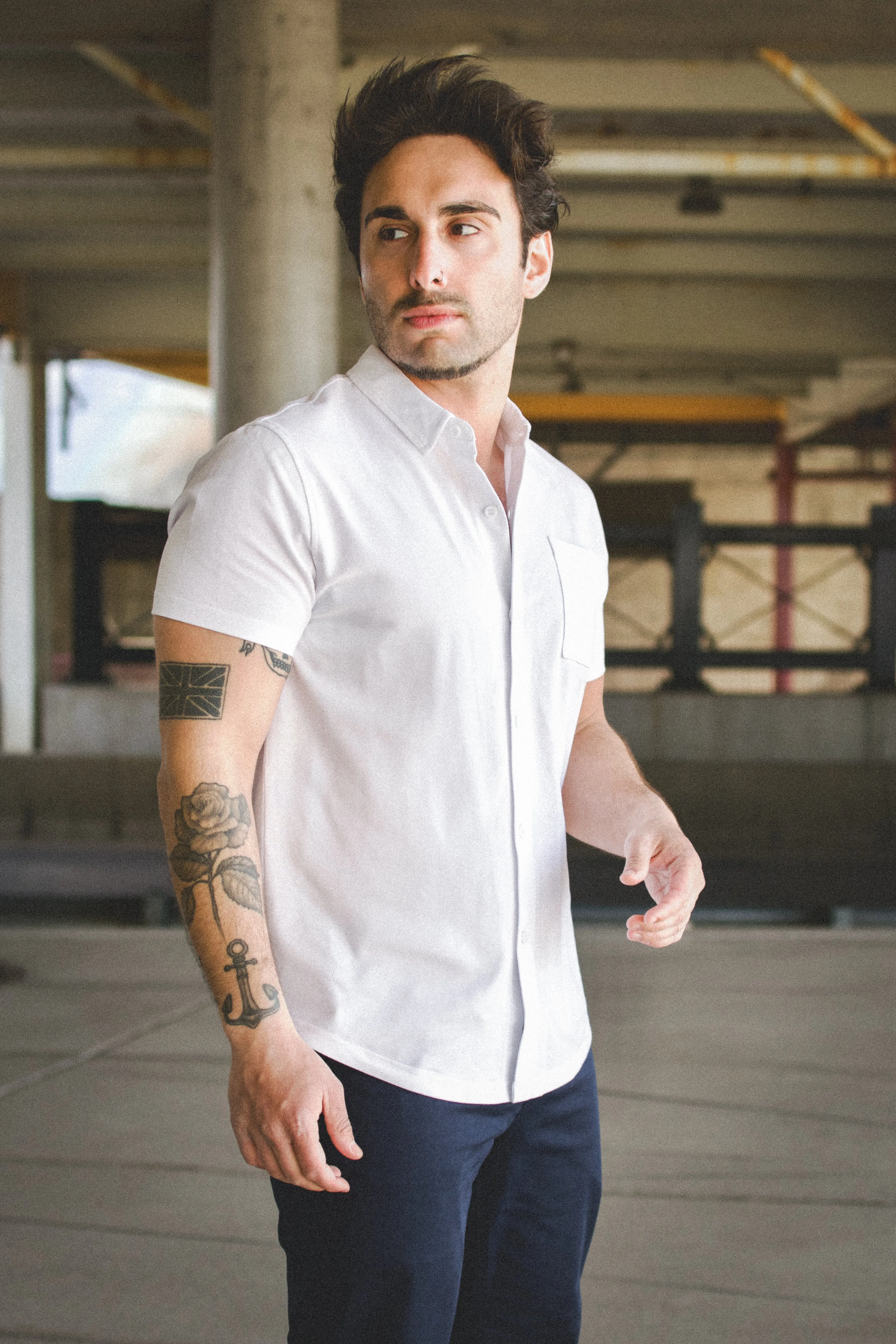 Performance Pique Short Sleeve Button Down Shirt White