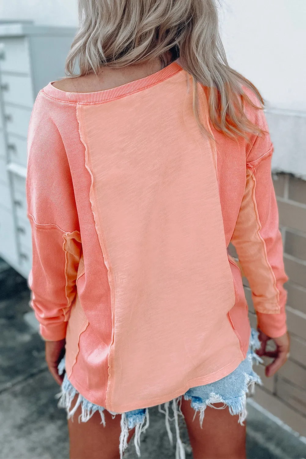 Pink Solid Color Patchwork Long Sleeve Top