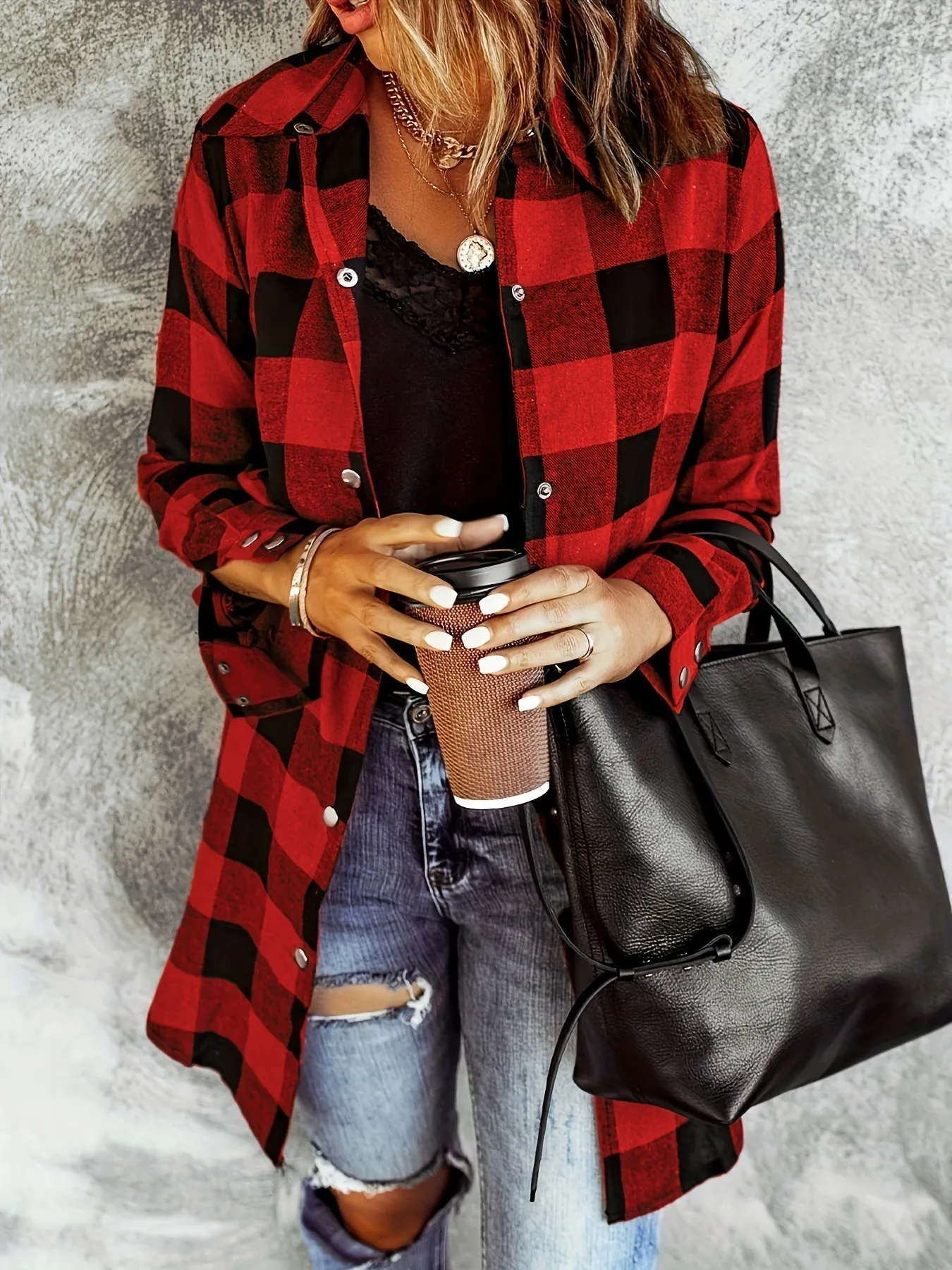 Plaid Button-Up Shirt - Long Sleeve Design & Button Placket