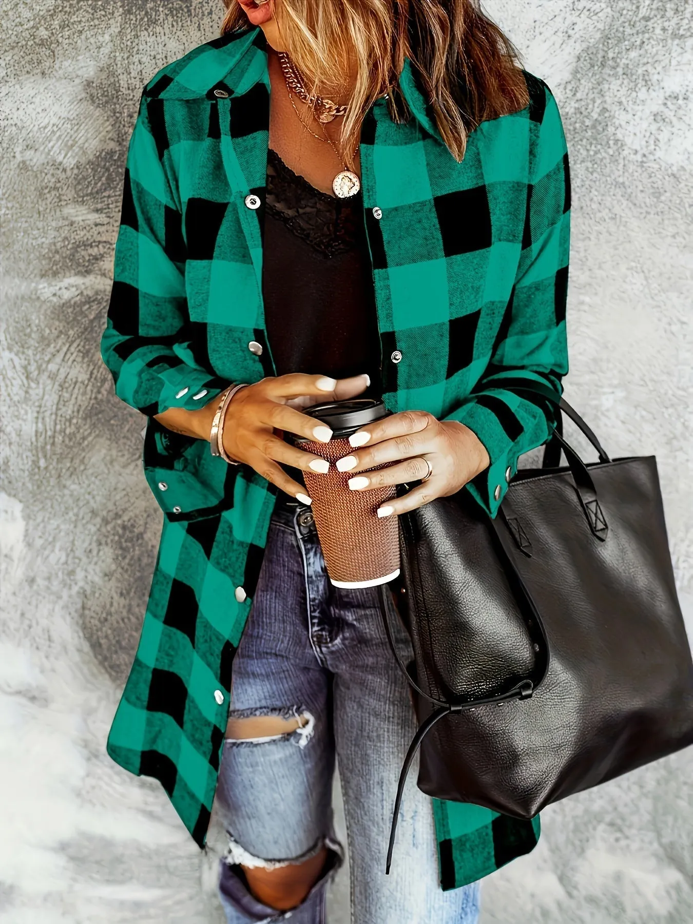 Plaid Button-Up Shirt - Long Sleeve Design & Button Placket