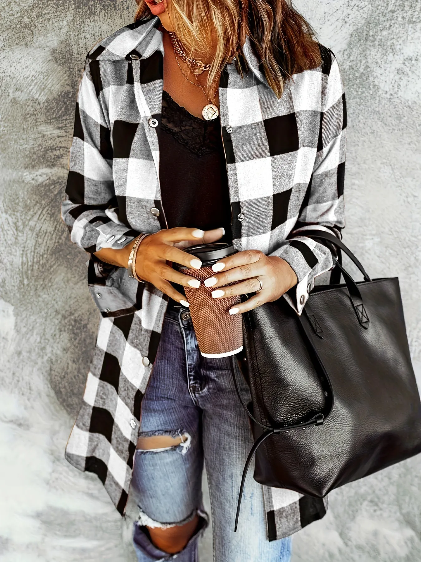 Plaid Button-Up Shirt - Long Sleeve Design & Button Placket