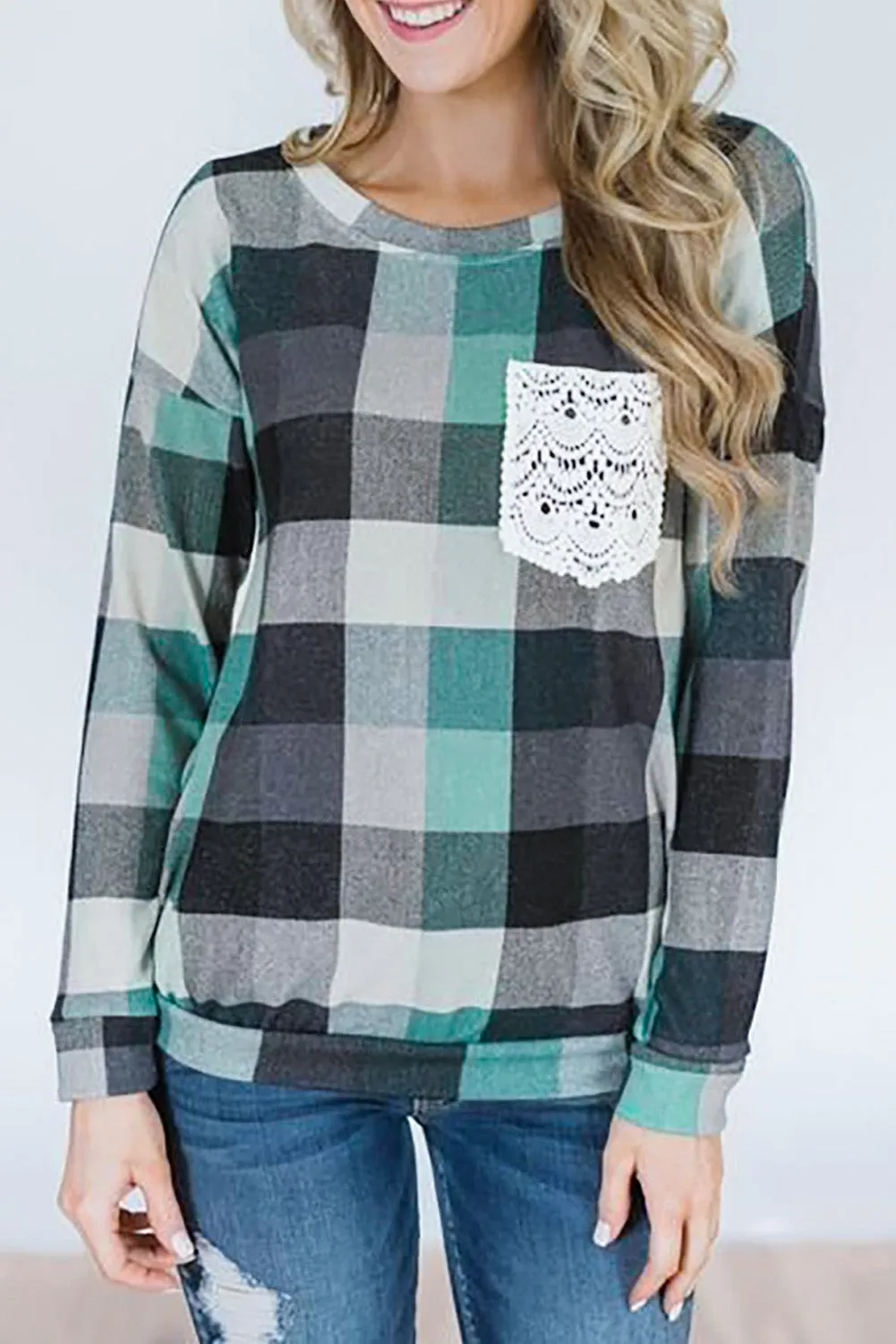 Plaid Print Lace Pocket Long Sleeve Top