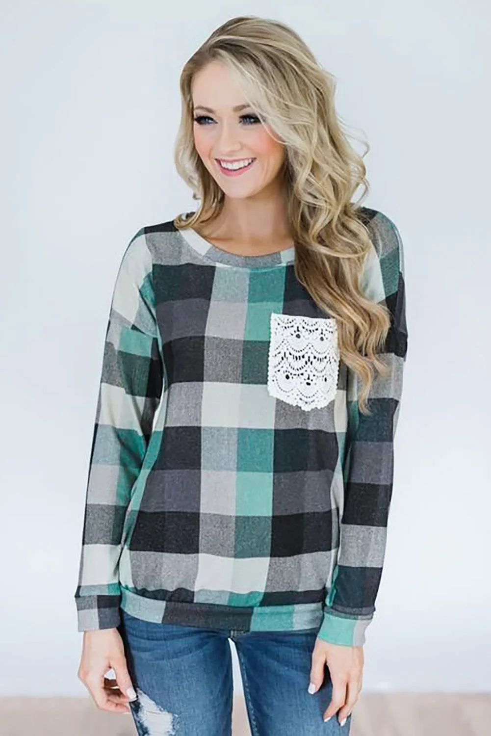 Plaid Print Lace Pocket Long Sleeve Top