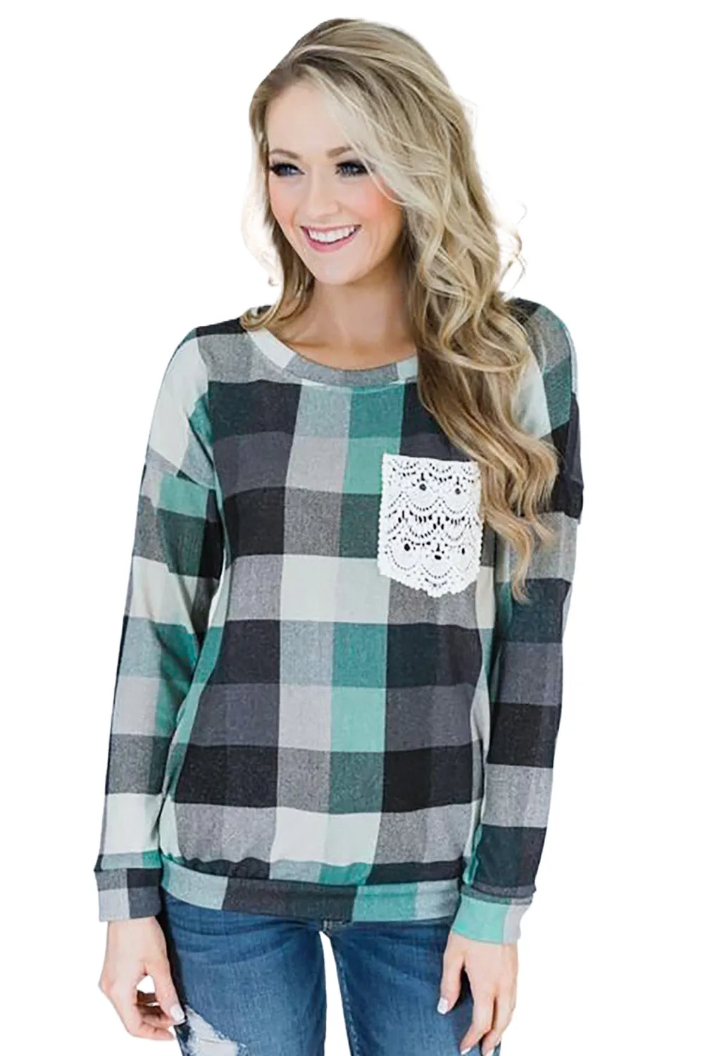Plaid Print Lace Pocket Long Sleeve Top