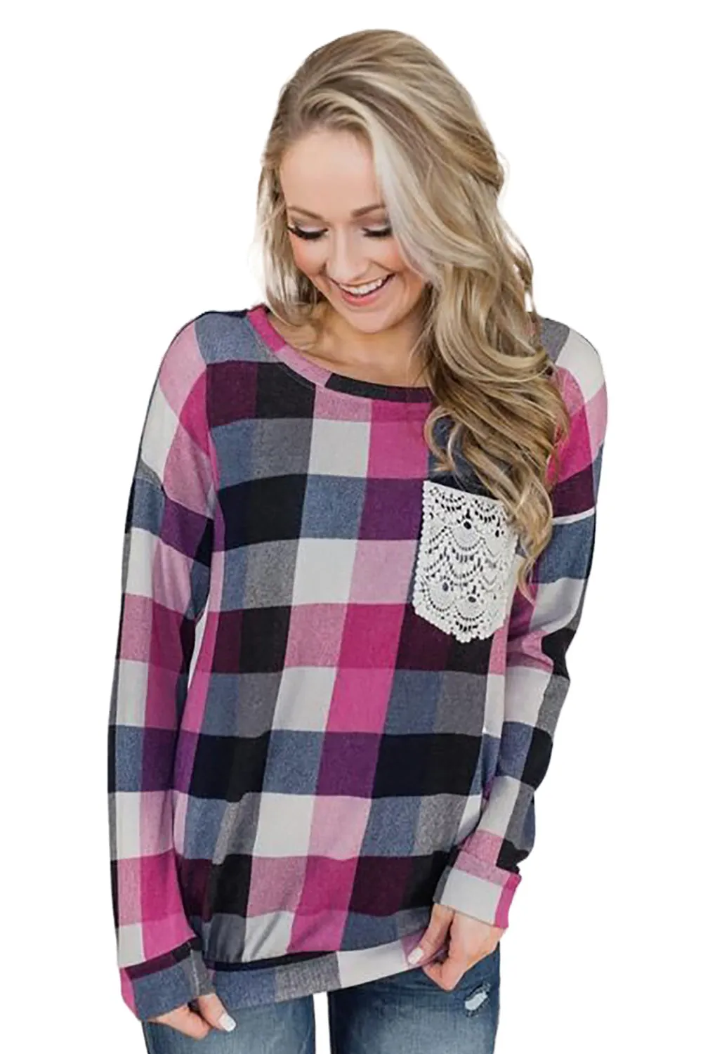Plaid Print Lace Pocket Long Sleeve Top