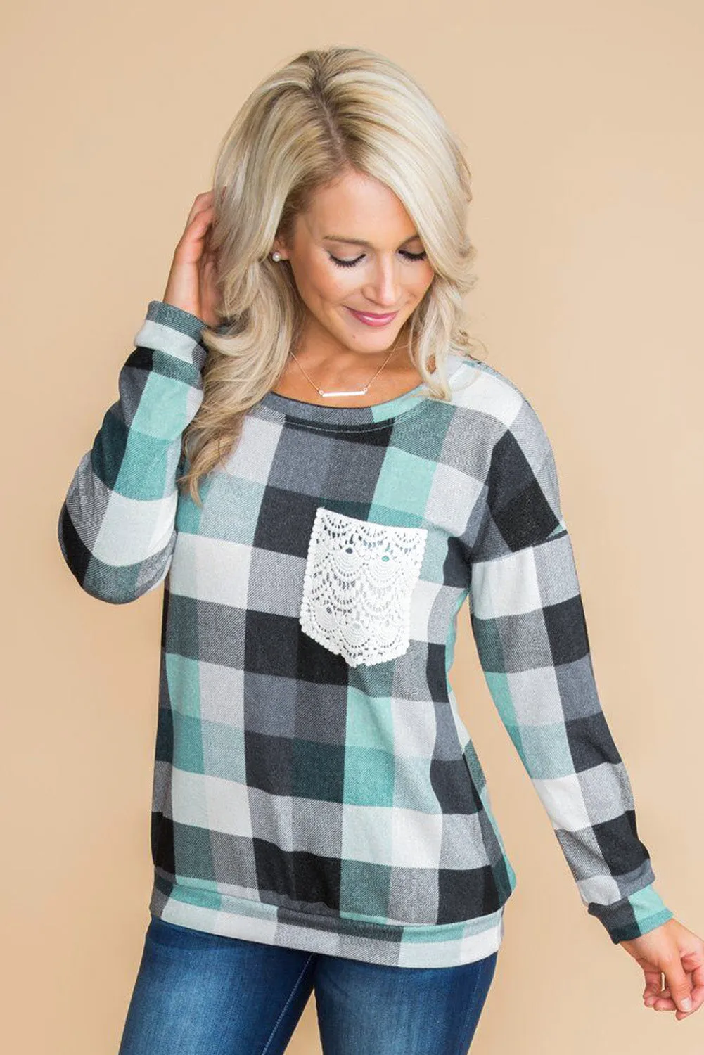 Plaid Print Lace Pocket Long Sleeve Top