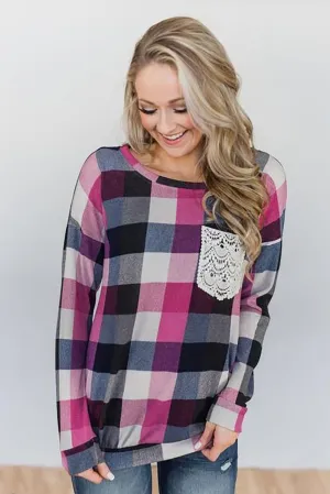 Plaid Print Lace Pocket Long Sleeve Top