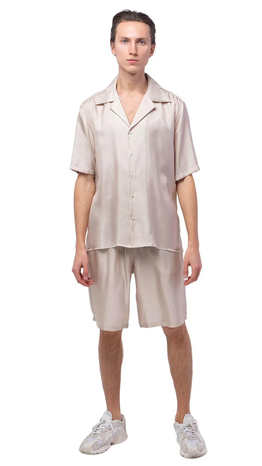 Plain Beige Silk Bowling Shirt