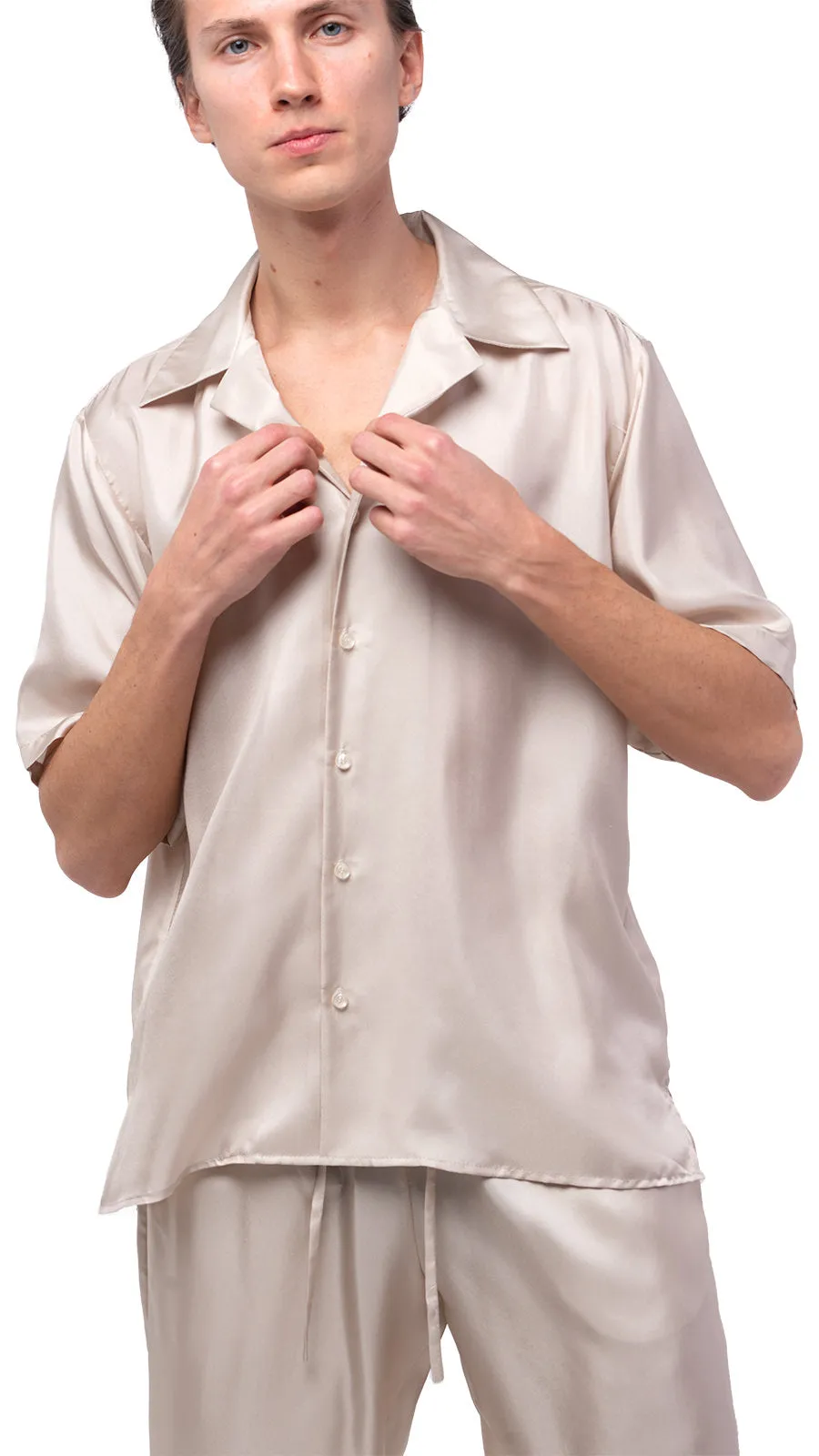 Plain Beige Silk Bowling Shirt