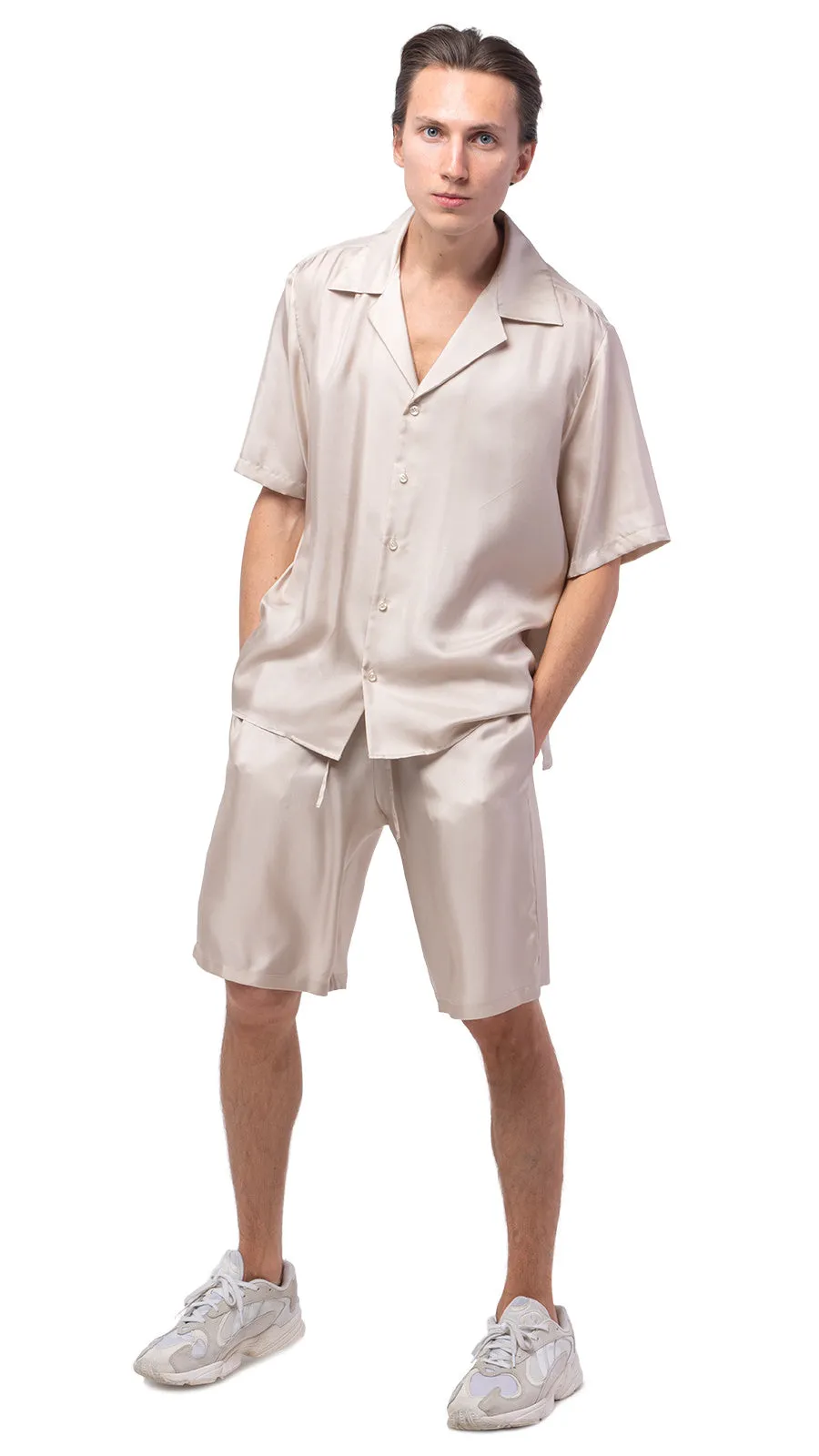 Plain Beige Silk Bowling Shirt