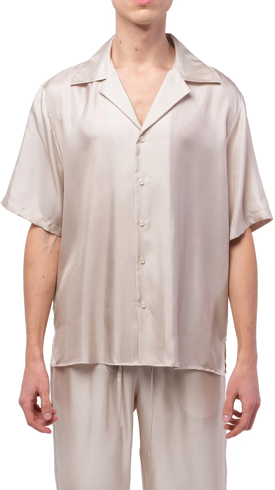 Plain Beige Silk Bowling Shirt