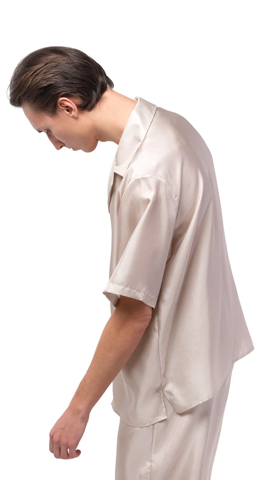 Plain Beige Silk Bowling Shirt