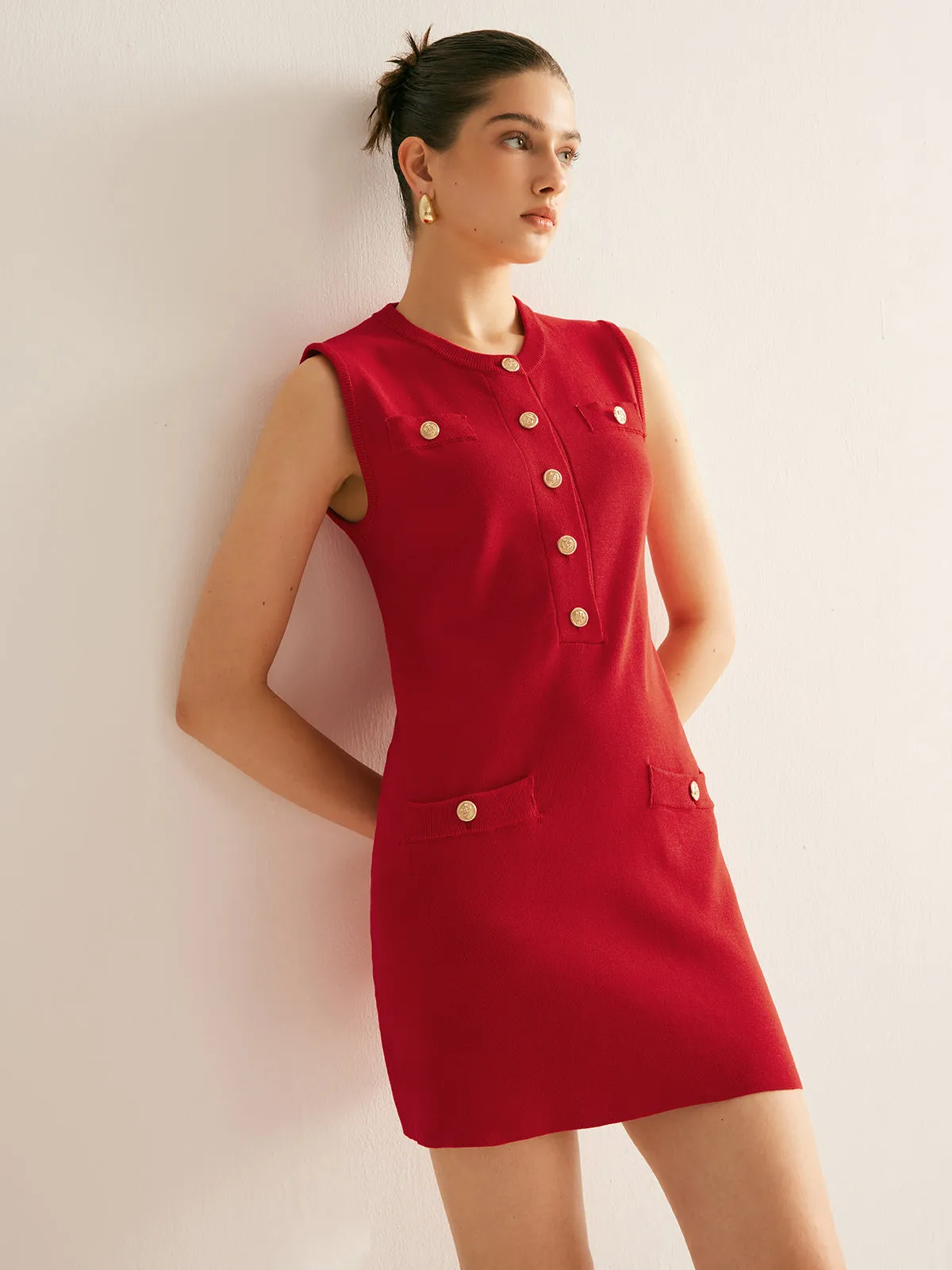 Plain Button Down Sleeveless Sweater Dress