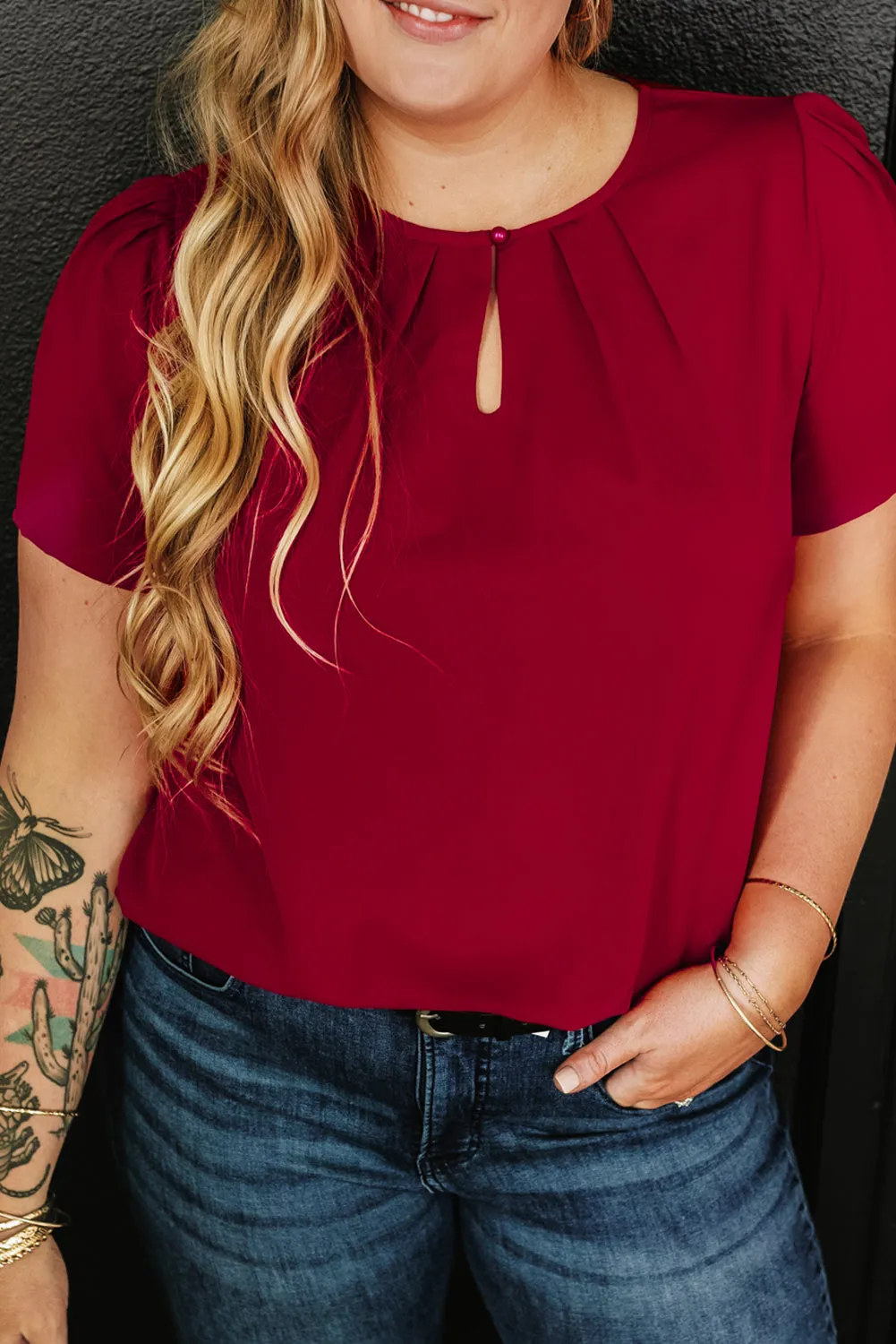 Pleated Crew Neck Plus Size T Shirt