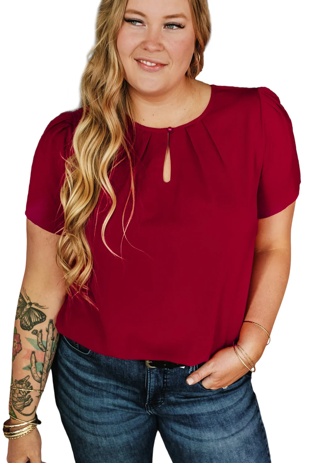 Pleated Crew Neck Plus Size T Shirt