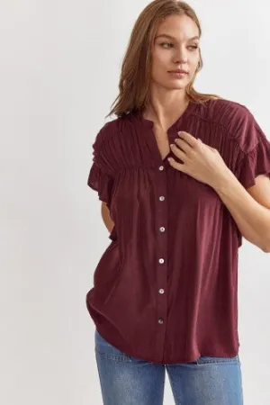Plum Short Sleeve Ruch Button Up Flutter Sleeve