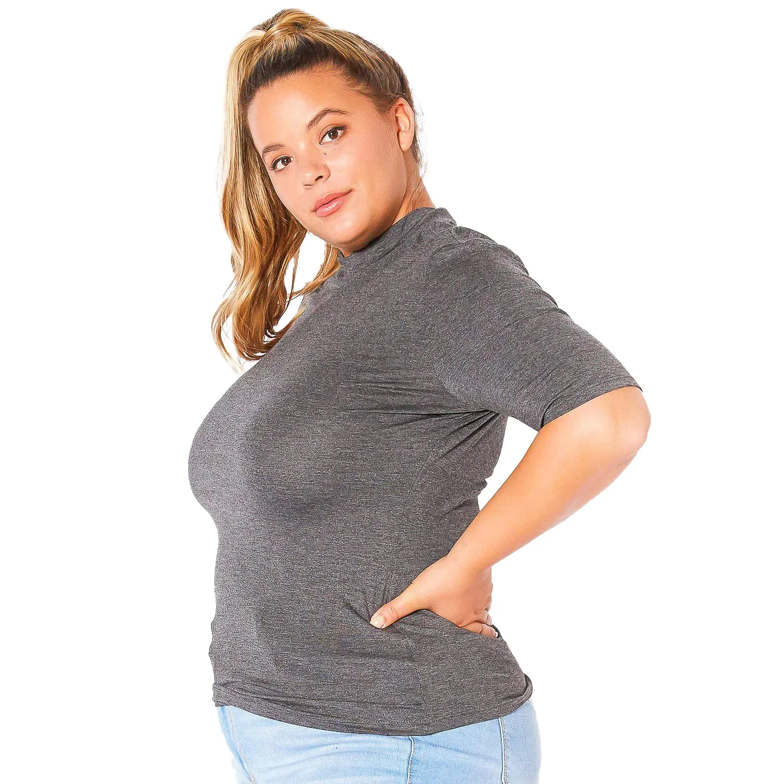 Plus Size Half Sleeve Turtle Neck Fitted Top