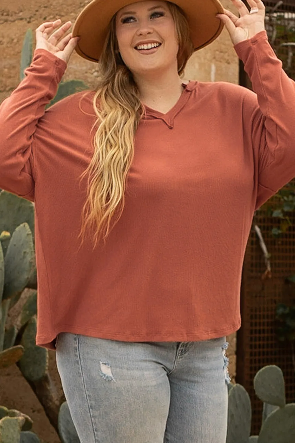 Plus Size V Neck Long Sleeve Top