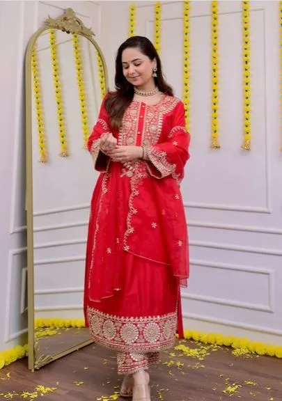 Premium Red Heavy Silk Suit