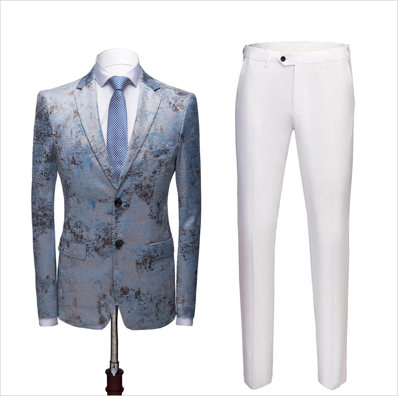 Printing Men Marriage Suits Blue Wedding Tuxedos with White Pants