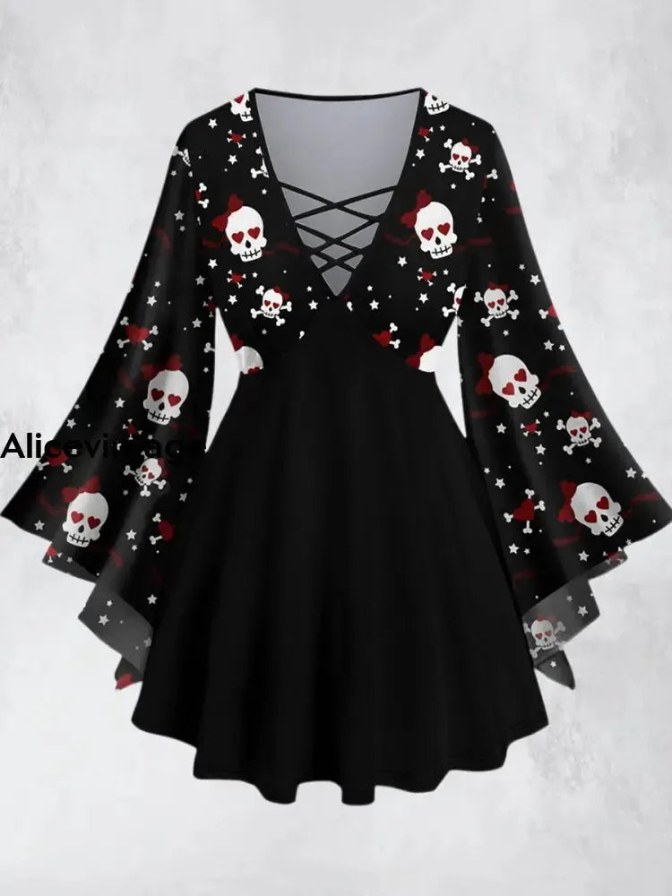 Punk Love Graffiti Printed V-Neck Hollow Cut Flared Long Sleeve Mid-Long Top