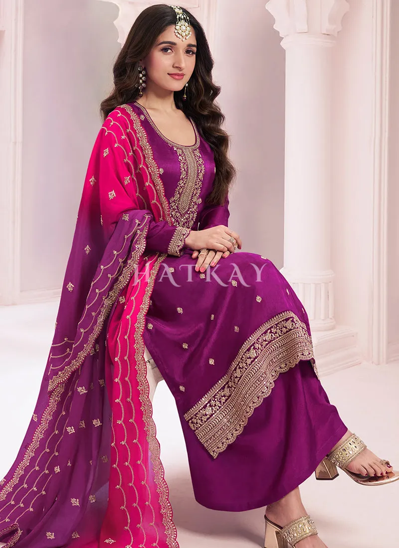 Purple And Pink Embroidered Palazzo Suit