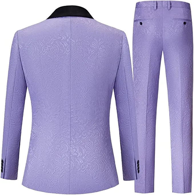 Purple Double Breasted Jacquard Wedding Suit with Black Velvet Shawl Lapel
