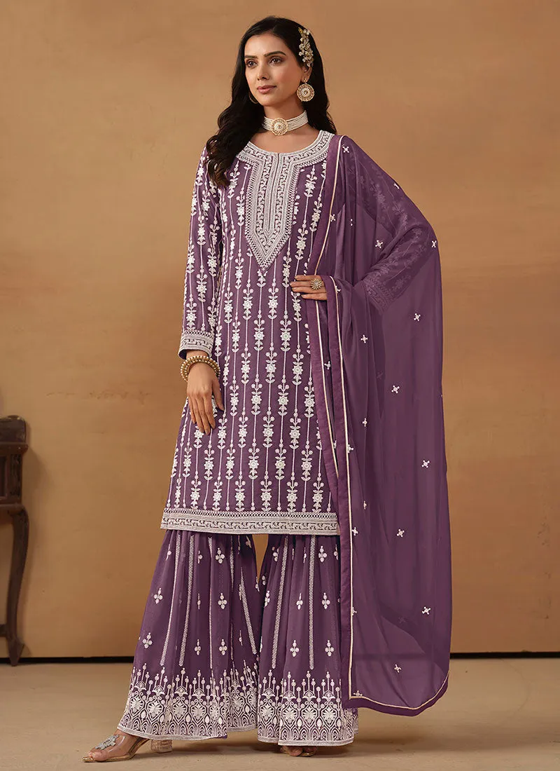 Purple Embroidery Designer Gharara Suit