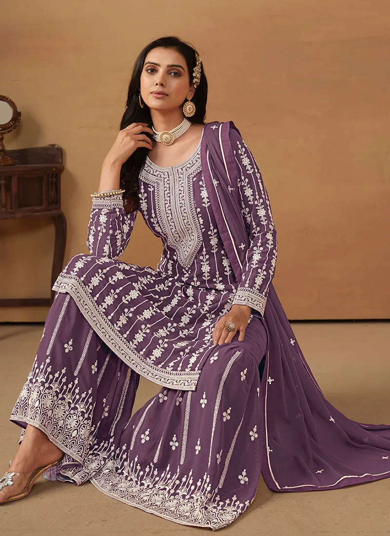 Purple Embroidery Designer Gharara Suit