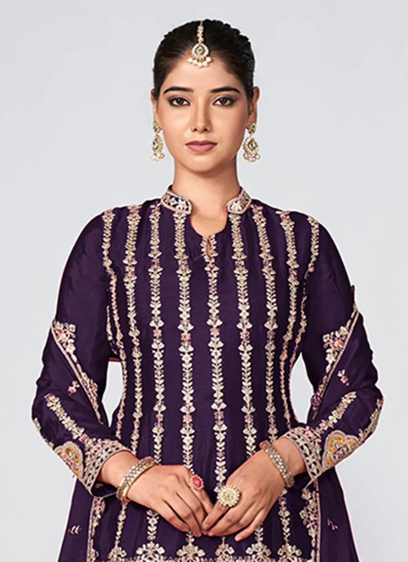 Purple Multi Embroidery Traditional Palazzo Style Suit