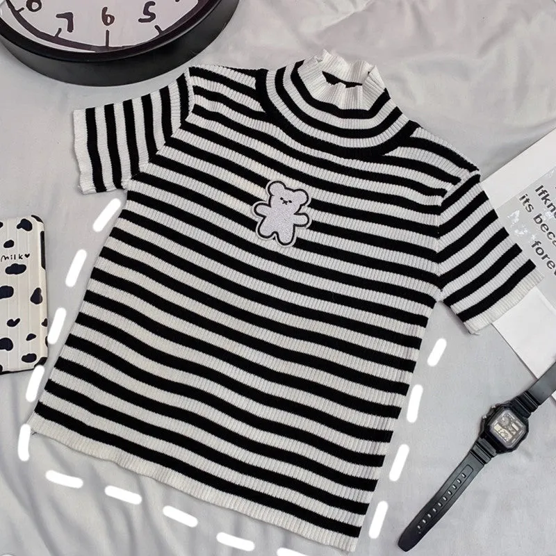 "CUTE EMBROIDERED STRIPED STRETCH-KNIT" SHORT SLEEVE Y032503