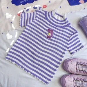 "CUTE EMBROIDERED STRIPED STRETCH-KNIT" SHORT SLEEVE Y032503