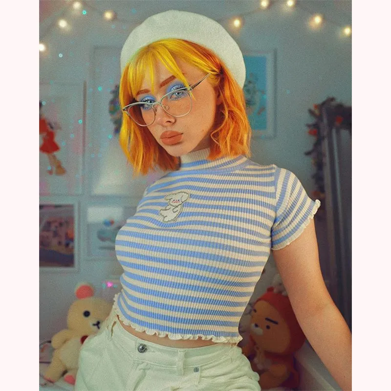 "CUTE EMBROIDERED STRIPED STRETCH-KNIT" SHORT SLEEVE Y032503