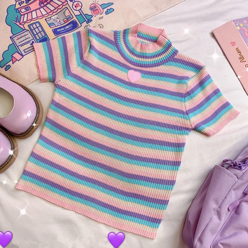 "CUTE EMBROIDERED STRIPED STRETCH-KNIT" SHORT SLEEVE Y032503