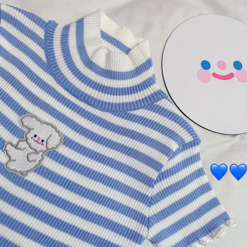 "CUTE EMBROIDERED STRIPED STRETCH-KNIT" SHORT SLEEVE Y032503