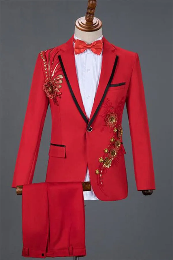 Red Sequin Embroidery Lace Floral Men Tuxedo Designer One Button Men's Prom Suits Online