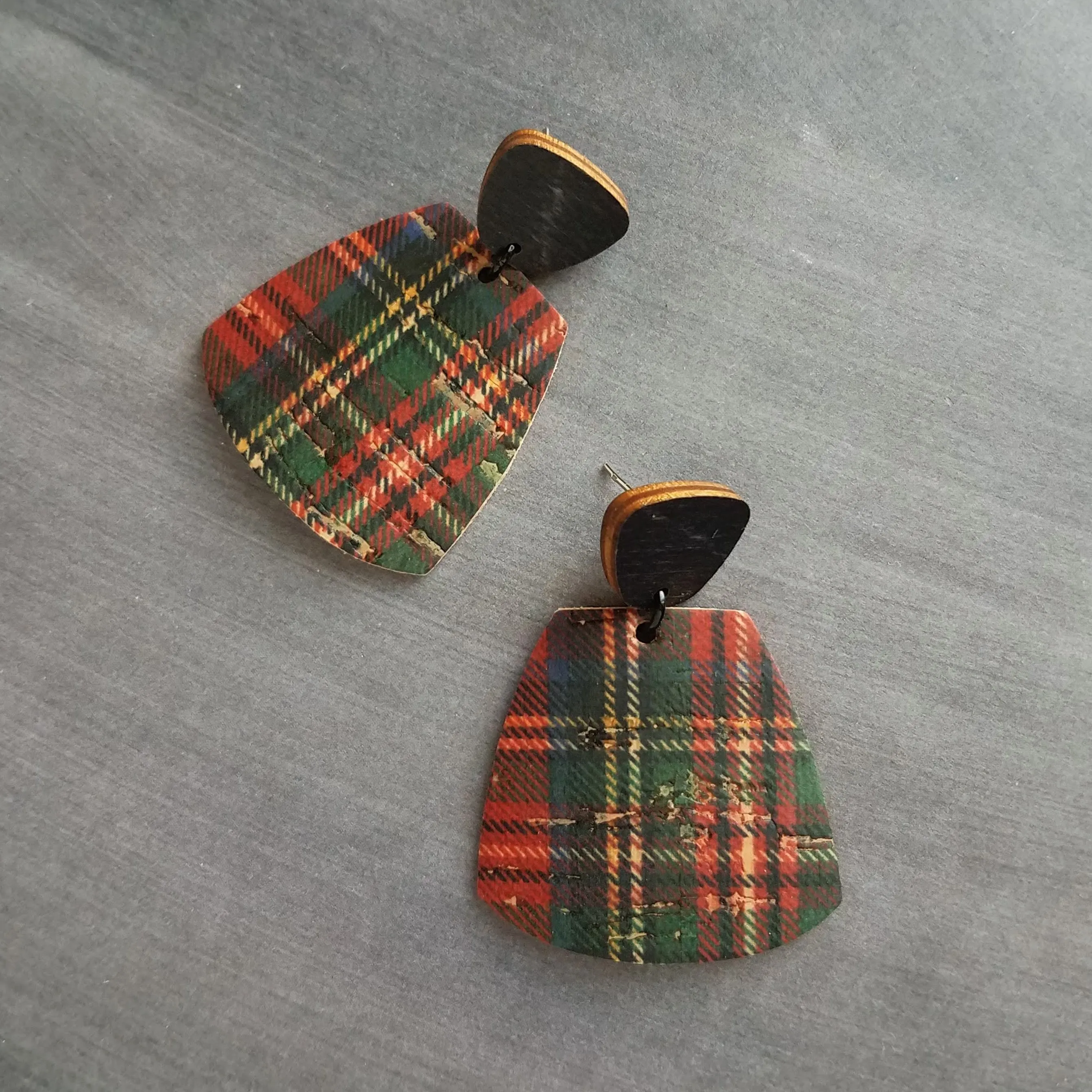 Red Tartan Plaid Earrings, wood earrings, hypoallergenic stainless steel earrings, large dangle earrings, Christmas Xmas earrings, winter jewelry, OOAK