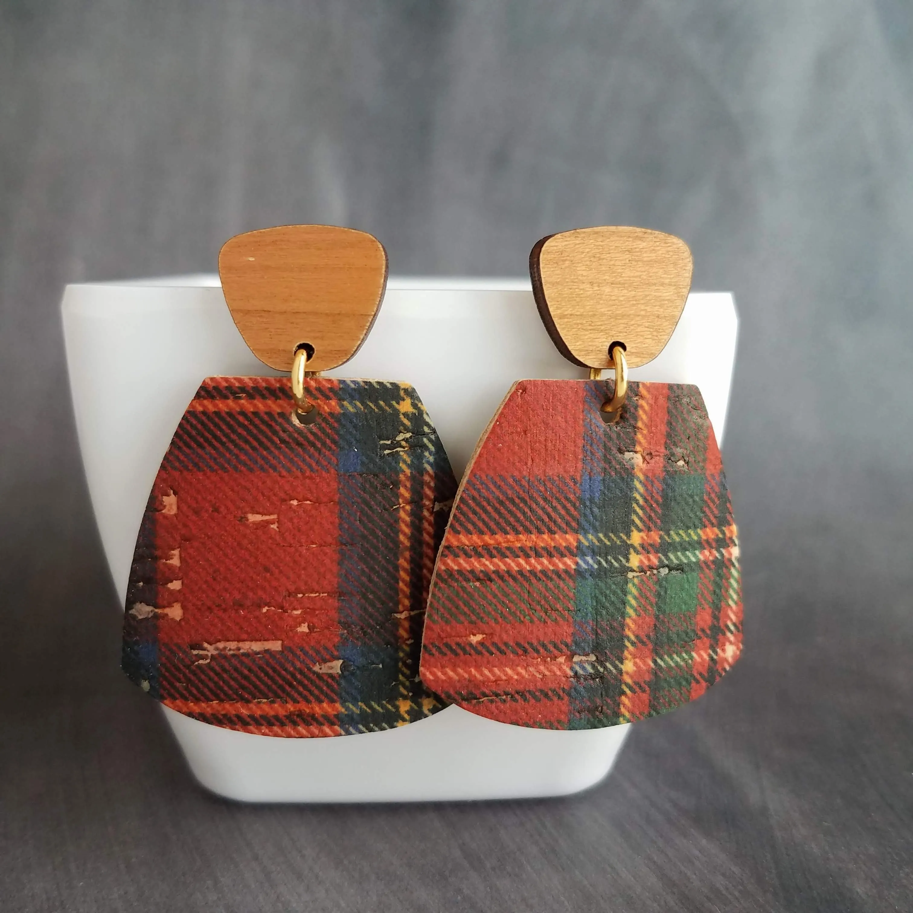 Red Tartan Plaid Earrings, wood earrings, hypoallergenic stainless steel earrings, large dangle earrings, Christmas Xmas earrings, winter jewelry, OOAK