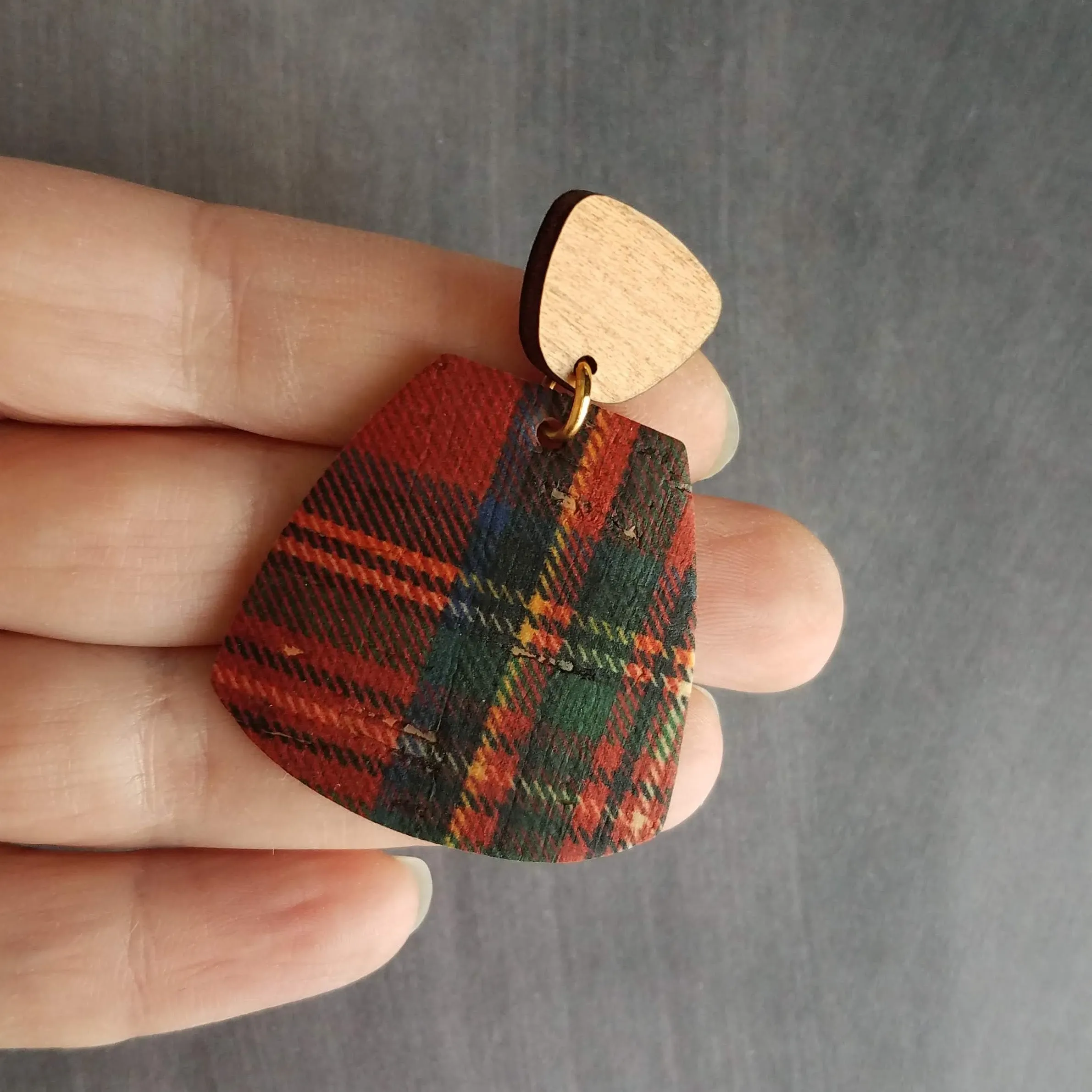 Red Tartan Plaid Earrings, wood earrings, hypoallergenic stainless steel earrings, large dangle earrings, Christmas Xmas earrings, winter jewelry, OOAK