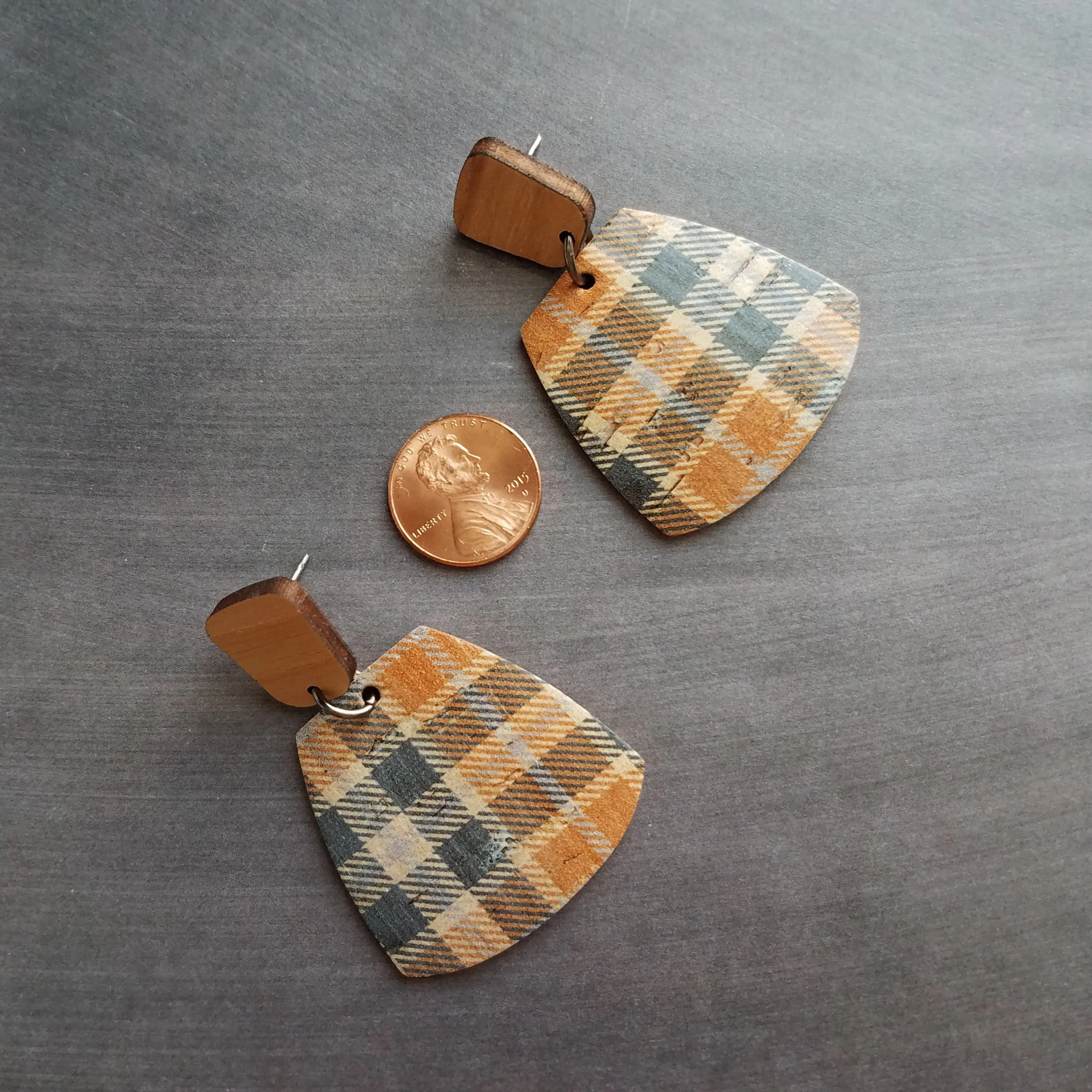 Red Tartan Plaid Earrings, wood earrings, hypoallergenic stainless steel earrings, large dangle earrings, Christmas Xmas earrings, winter jewelry, OOAK