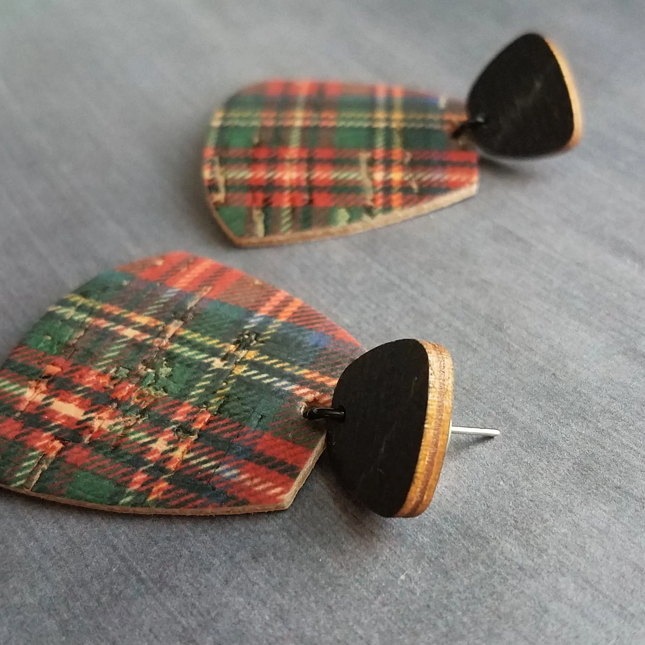 Red Tartan Plaid Earrings, wood earrings, hypoallergenic stainless steel earrings, large dangle earrings, Christmas Xmas earrings, winter jewelry, OOAK