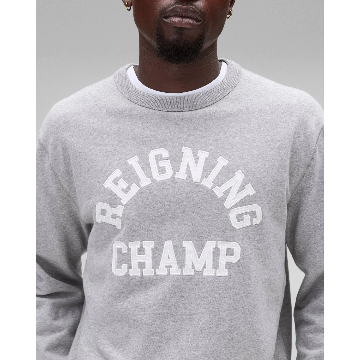 Reigning Champ Men Knit Midweight Terry Classic Arch Logo Crewneck Heather Grey
