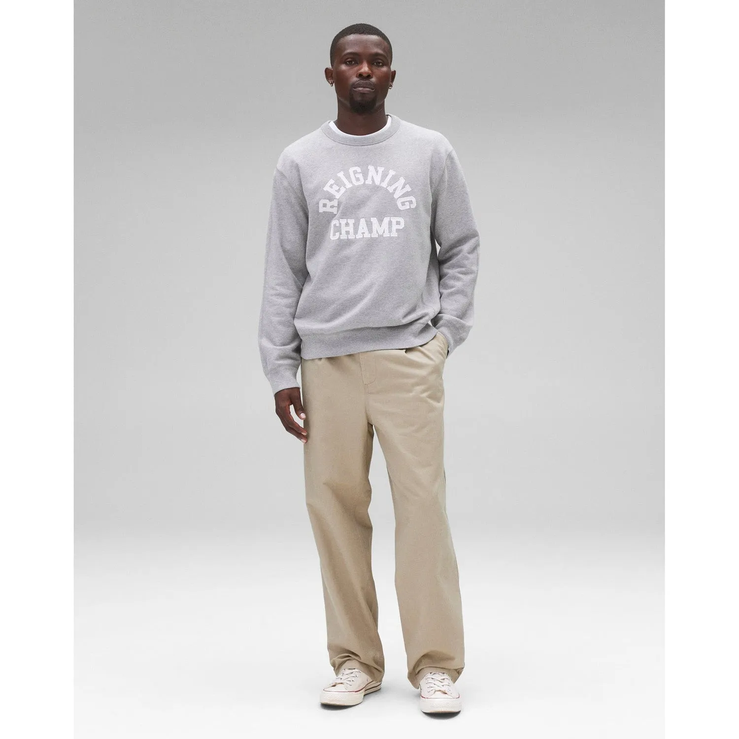 Reigning Champ Men Knit Midweight Terry Classic Arch Logo Crewneck Heather Grey