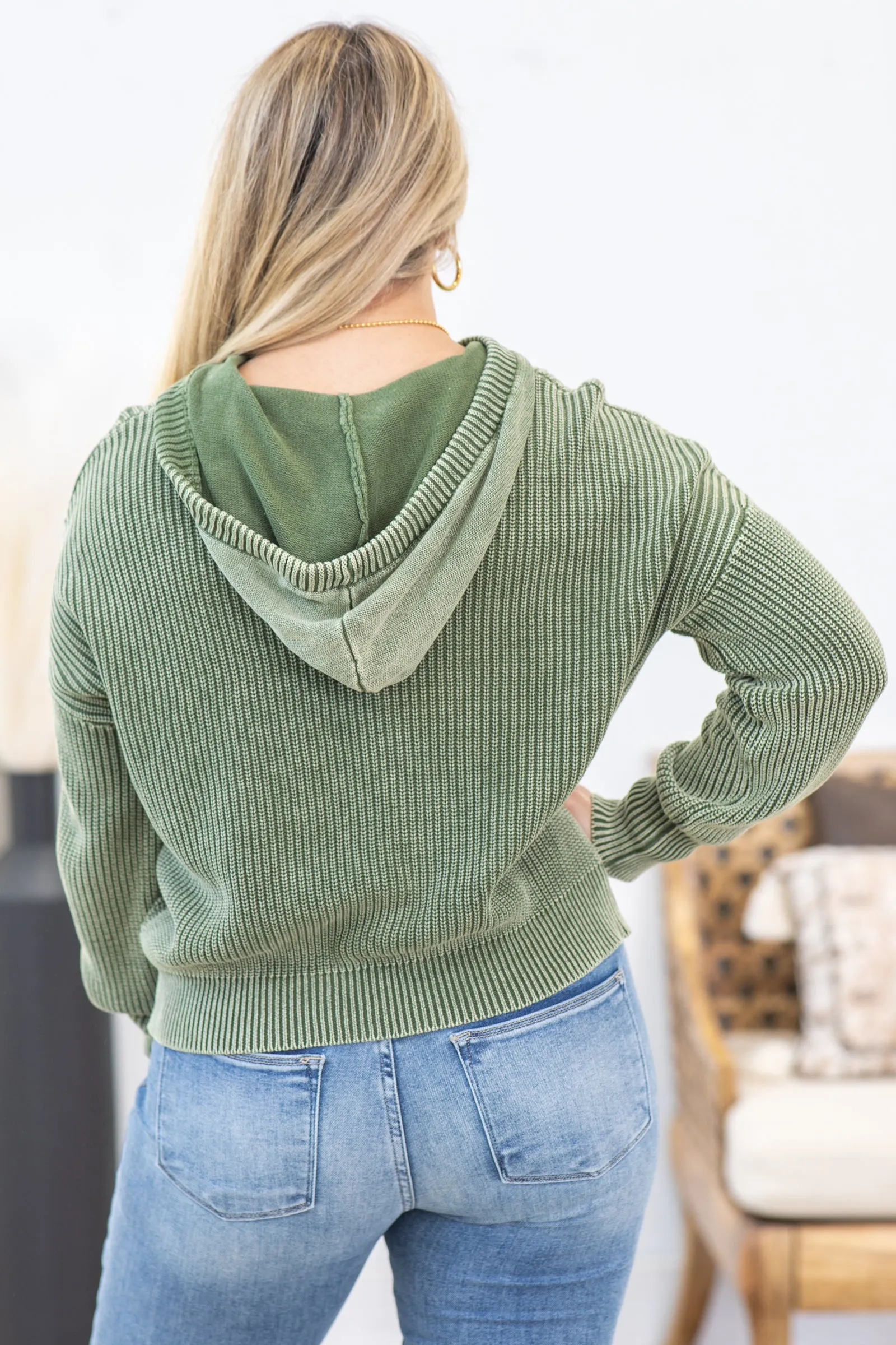 Ribbed Hooded Sweater With Button Detail