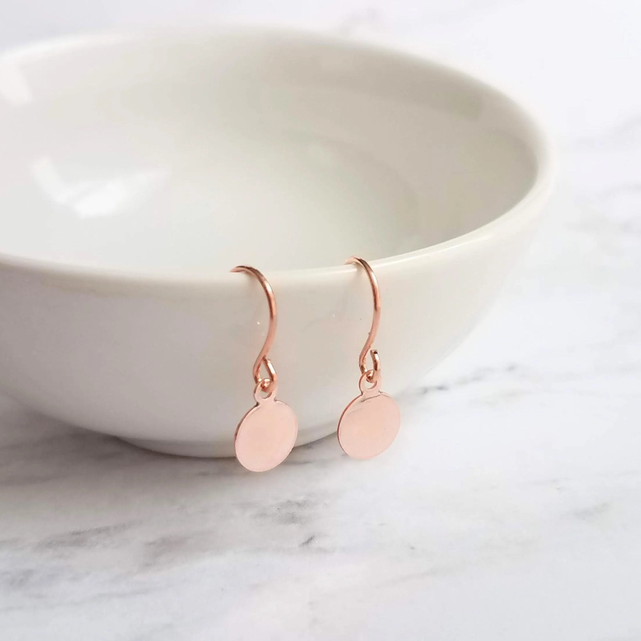 Rose Gold Sequin Earrings, rose gold disk earring, rose gold circle earring, tag earring, round dangle earring, rose gold disc earring plain