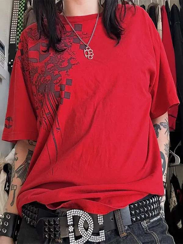 Rotes Hip Hop Übergroßes T Shirt mit Totenkopfdruck und Kurzen Ärmeln